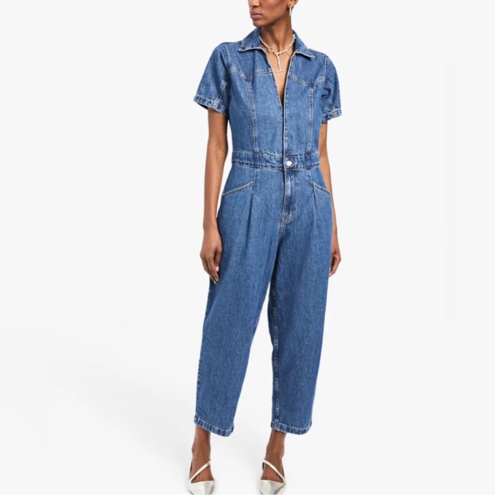 Free People Mid-Blue Denim Short-Sleeve Jumpsuit